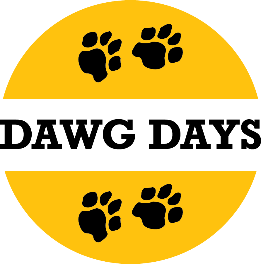 Dawg Days logo; four dog paws on a yellow circular background
